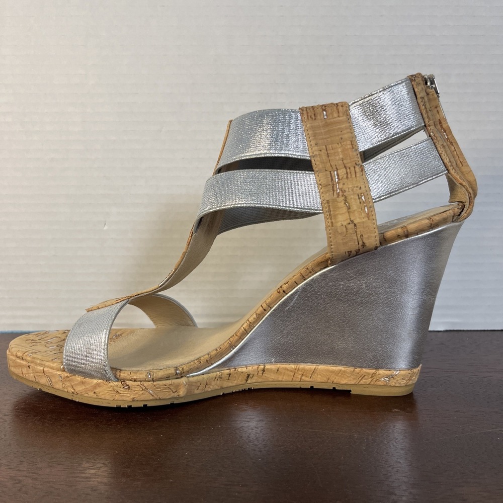 Donald J Pliner Majio T-Strap $280 Cork Wedge Heels Size 10 Silver Metallic Shoe - Picture 8 of 11